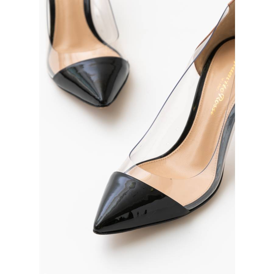 Black patent leather and Plexiglas pumps