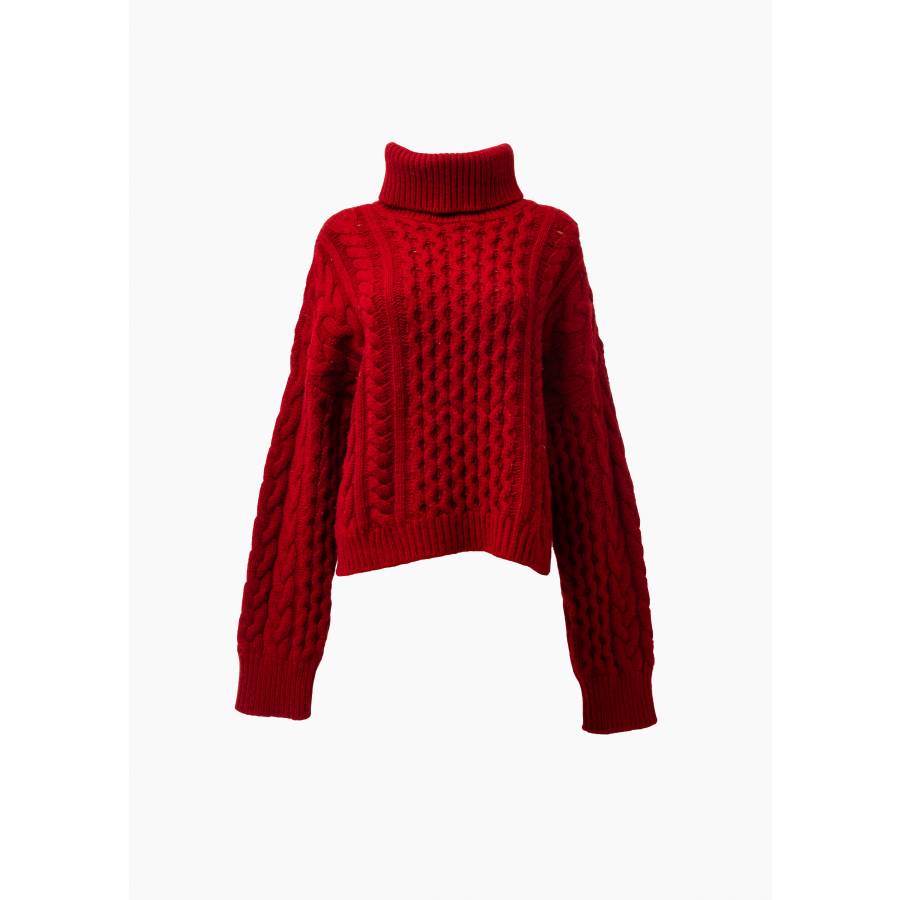 Rollkragenpullover mit Zopfmuster rot