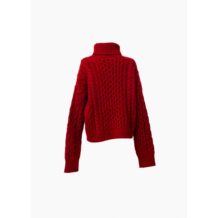 Rollkragenpullover mit Zopfmuster rot