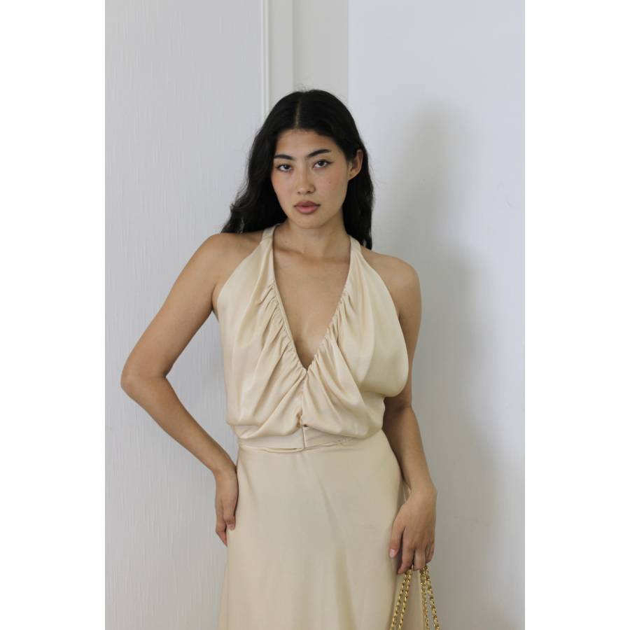 Satin-effect beige dress