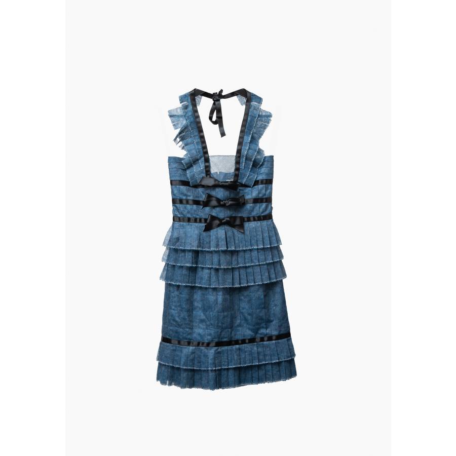 Blue dress with black ruffles and bows