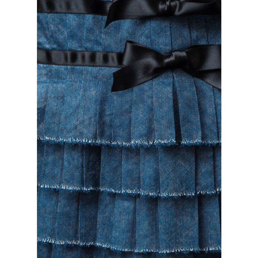 Blue dress with black ruffles and bows