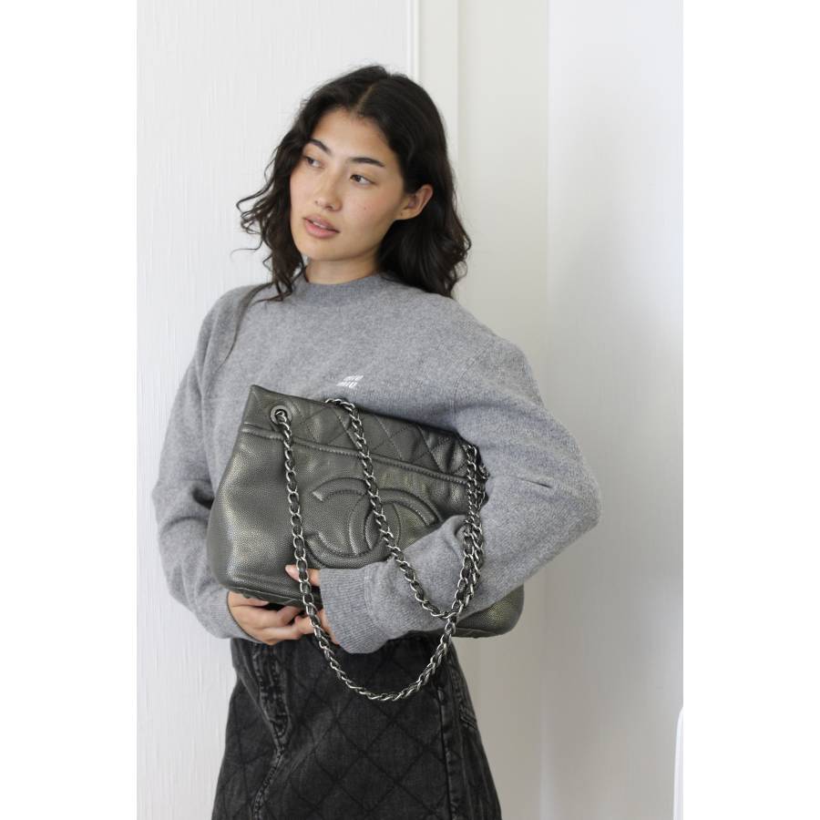 Metallic grey leather shopper bag