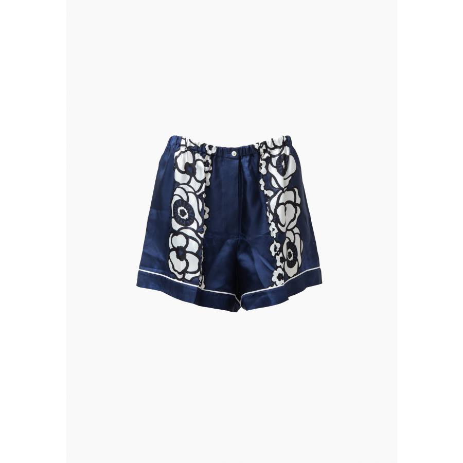 Navy blue silk shorts with floral print