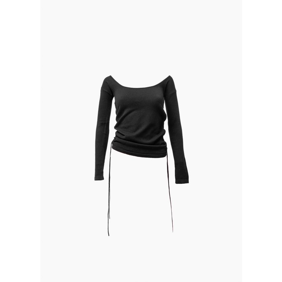 Black long-sleeved top with adjustable drawstrings