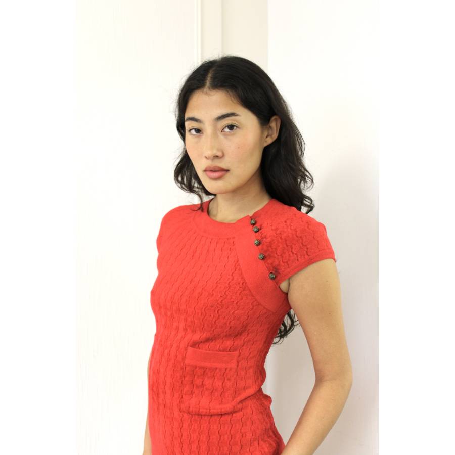 Red midi dress in bouclé knit