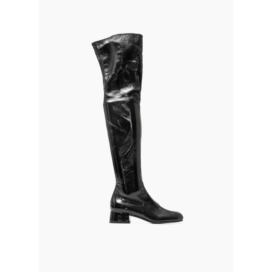 Black patent leather thigh boots