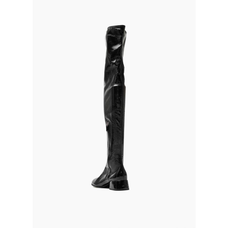 Black patent leather thigh boots