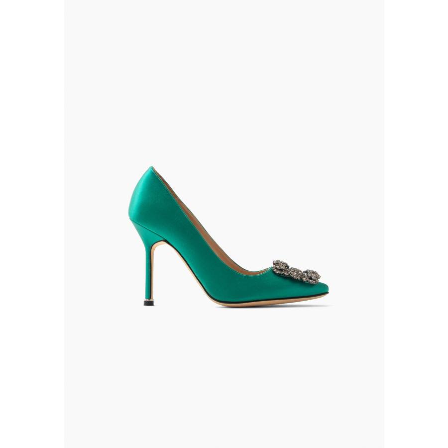 Green satin pumps