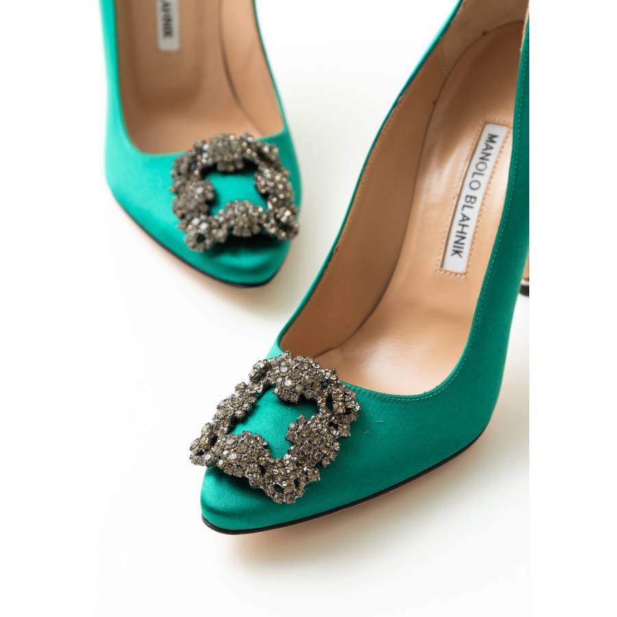 Green satin pumps