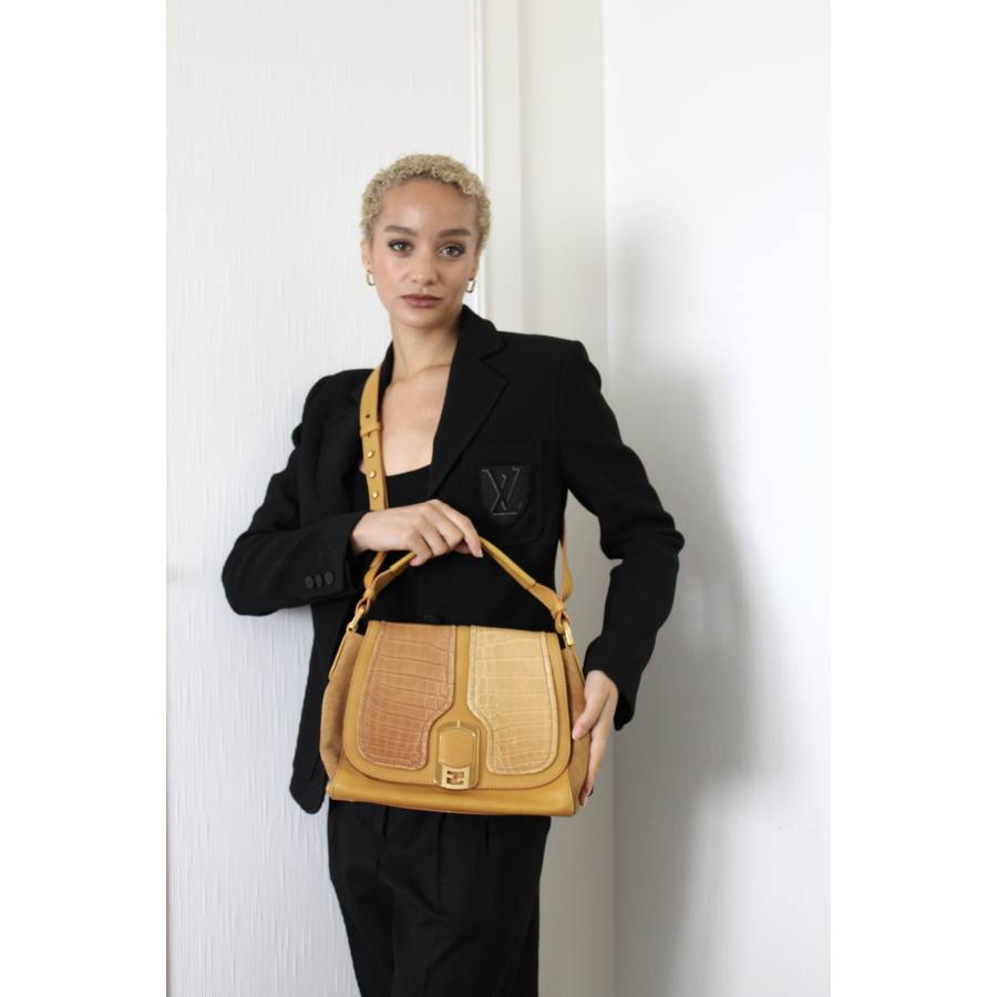 Sac Anna jaune en cuir, daim et crocodile