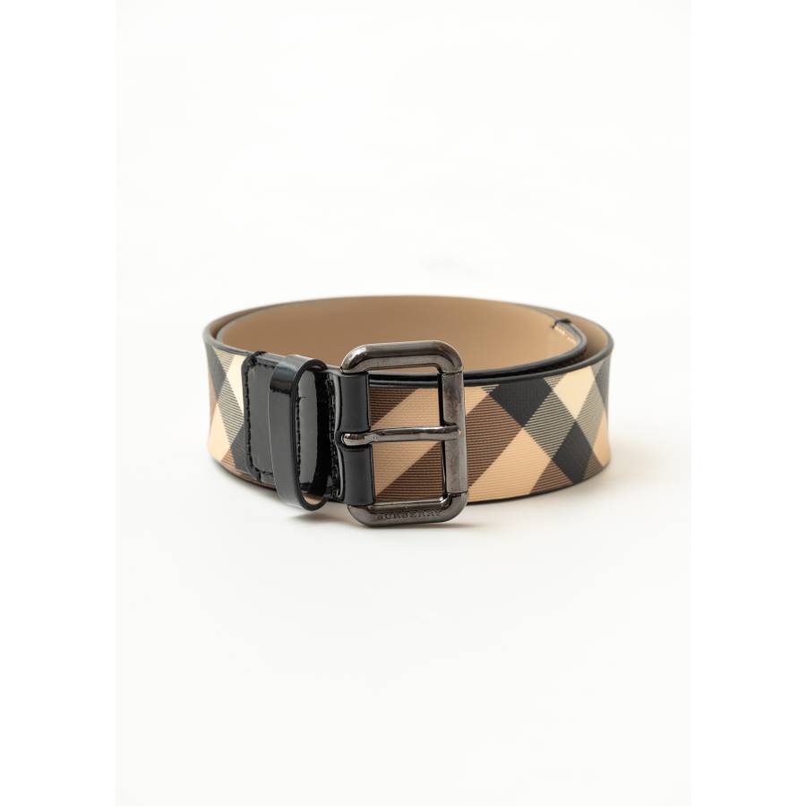 Patent leather and tartan canvas belt