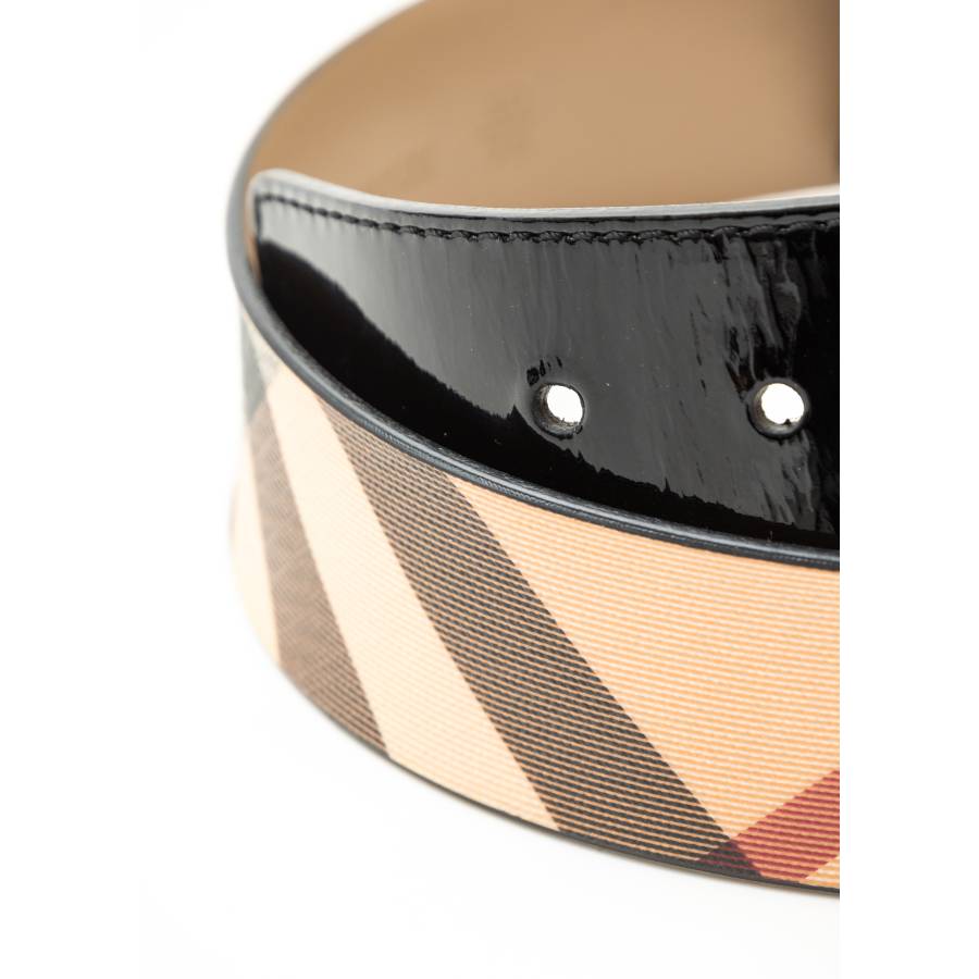 Patent leather and tartan canvas belt