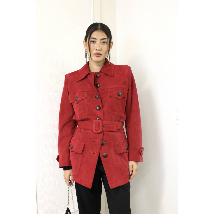 Veste en daim rouge à ceinture