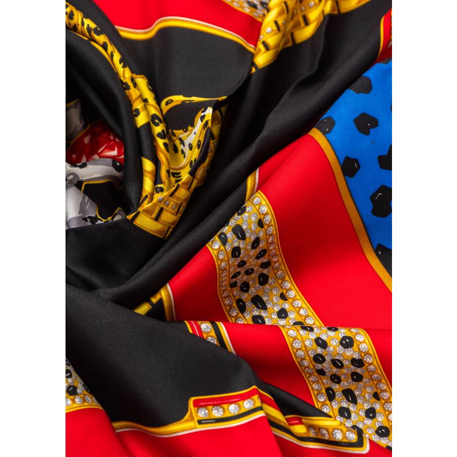 Foulard noir, rouge et bleu avec motifs panthères