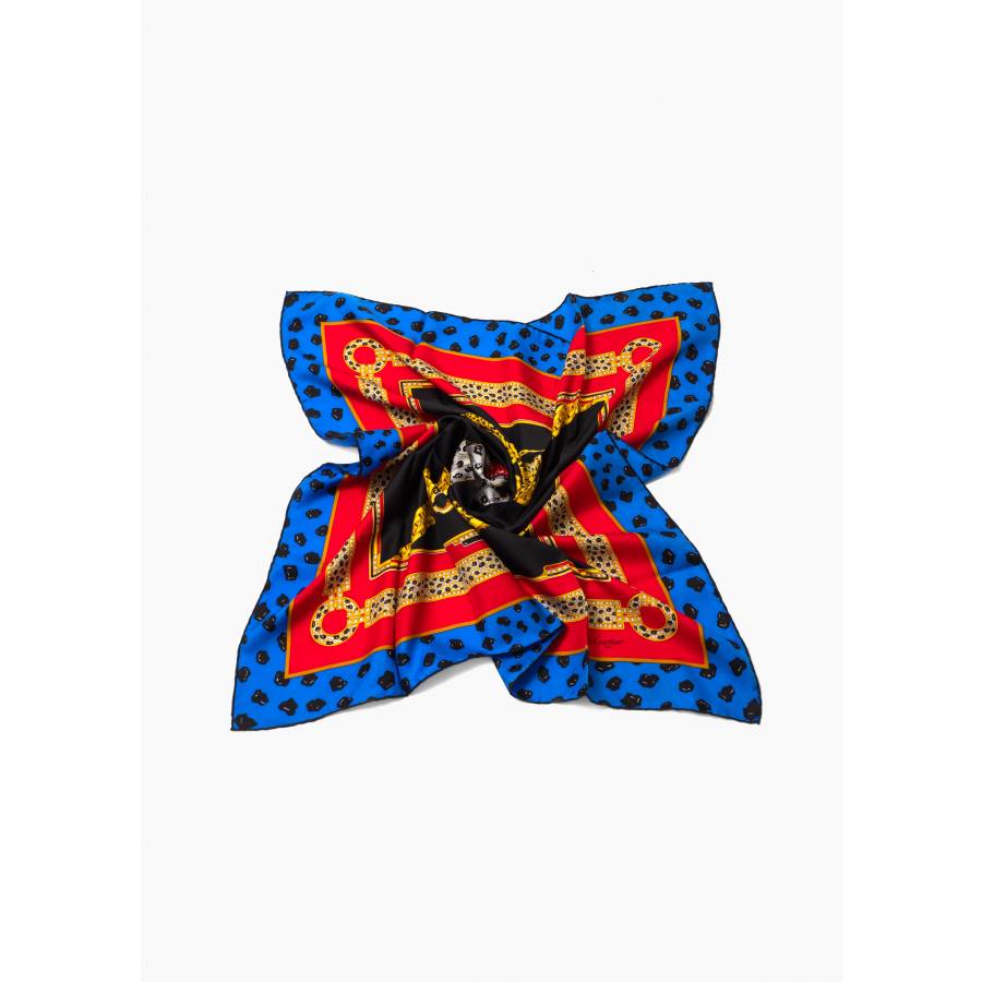 Foulard noir, rouge et bleu avec motifs panthères