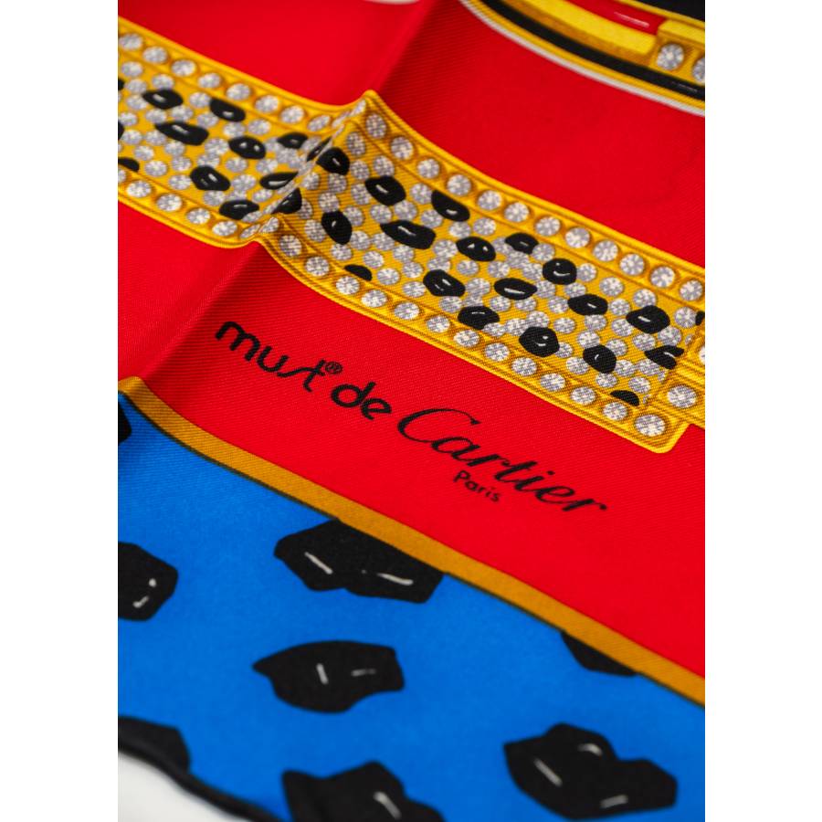 Foulard noir, rouge et bleu avec motifs panthères