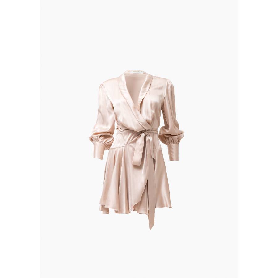 Pale pink silk mini wrap dress