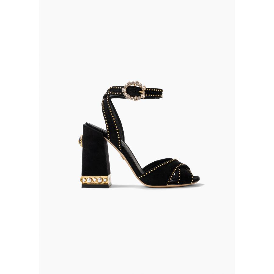 Black suede sandals with crystals and pearls