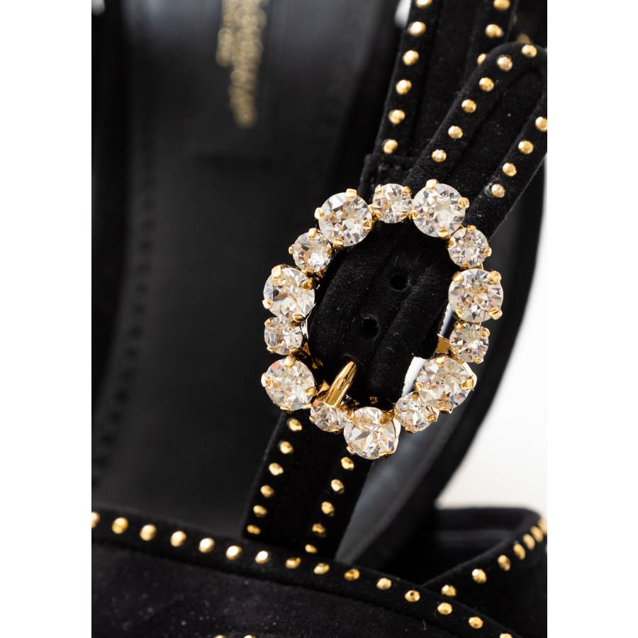 Black suede sandals with crystals and pearls