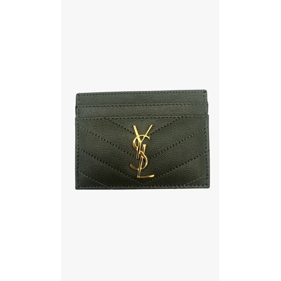 Porte carte en cuir vert foncé avec bijouterie dorée