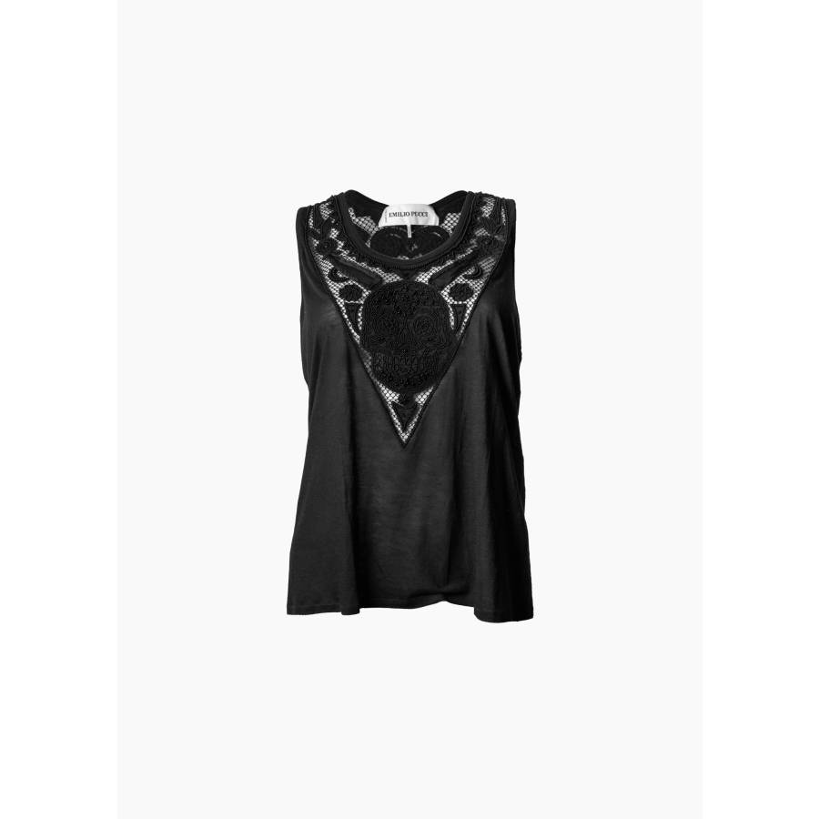 Débardeur noir avec détail de cœur en dentelle et perles