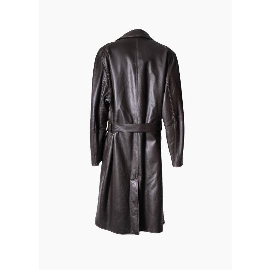 Manteau long ceinturé en cuir marron