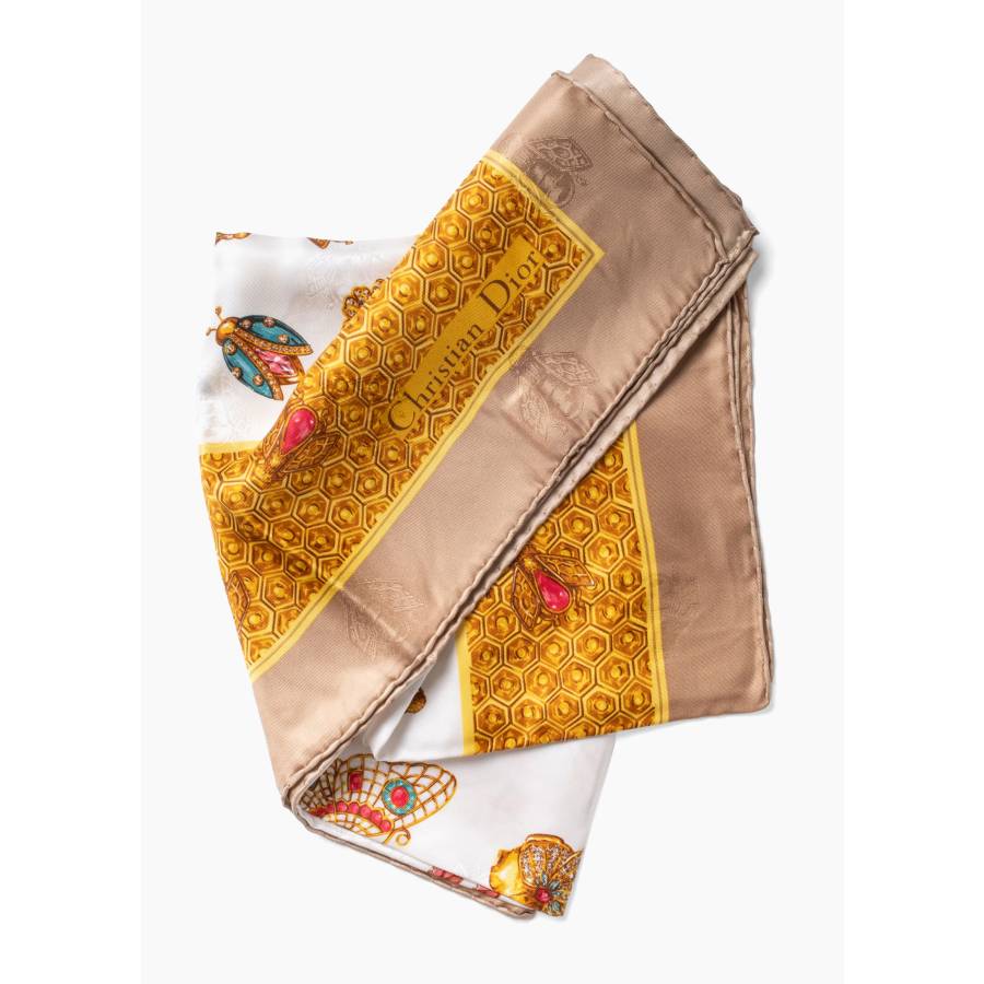 Beige silk scarf with bee and honeycomb pattern