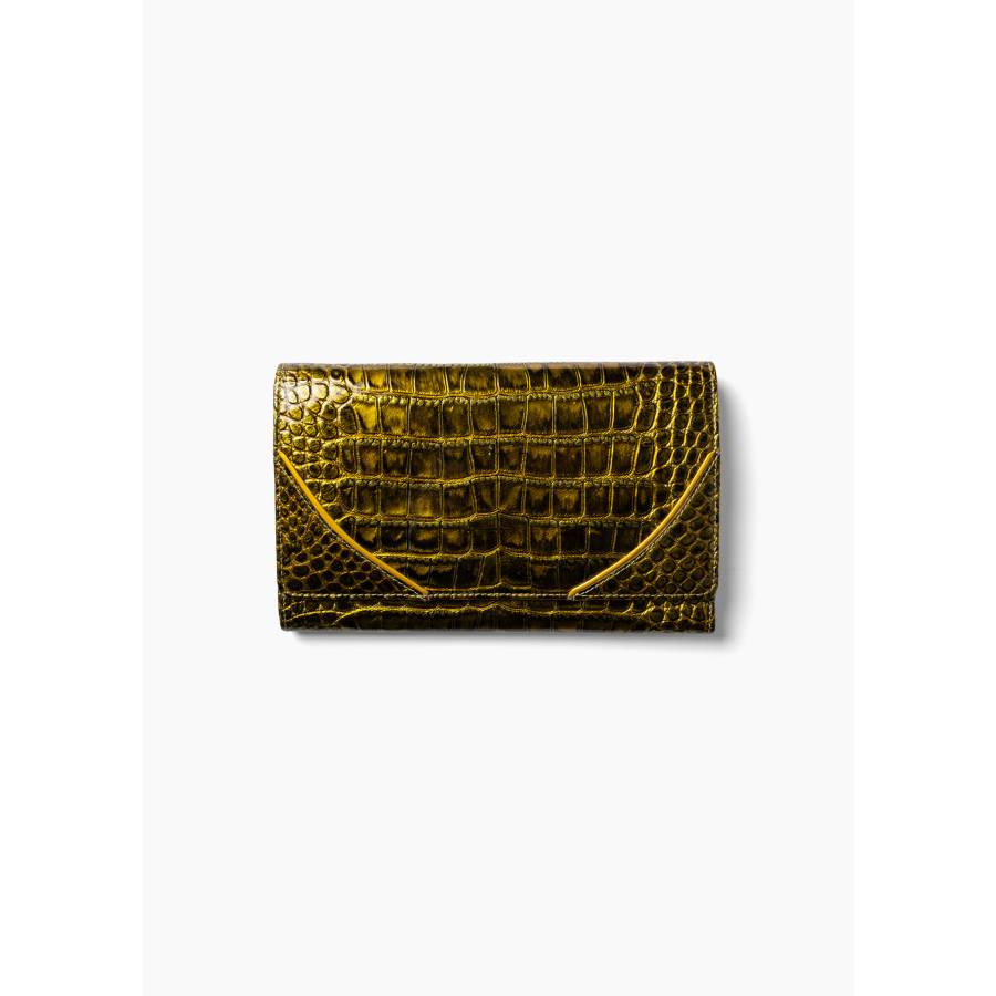 Vintage clutch in embossed crocodile leather, metallic yellow-green, with "D" clasp