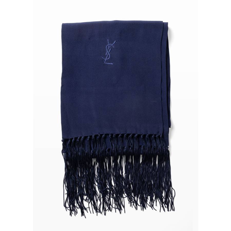 Étole en soie vintage bleu marine et finitions à franges