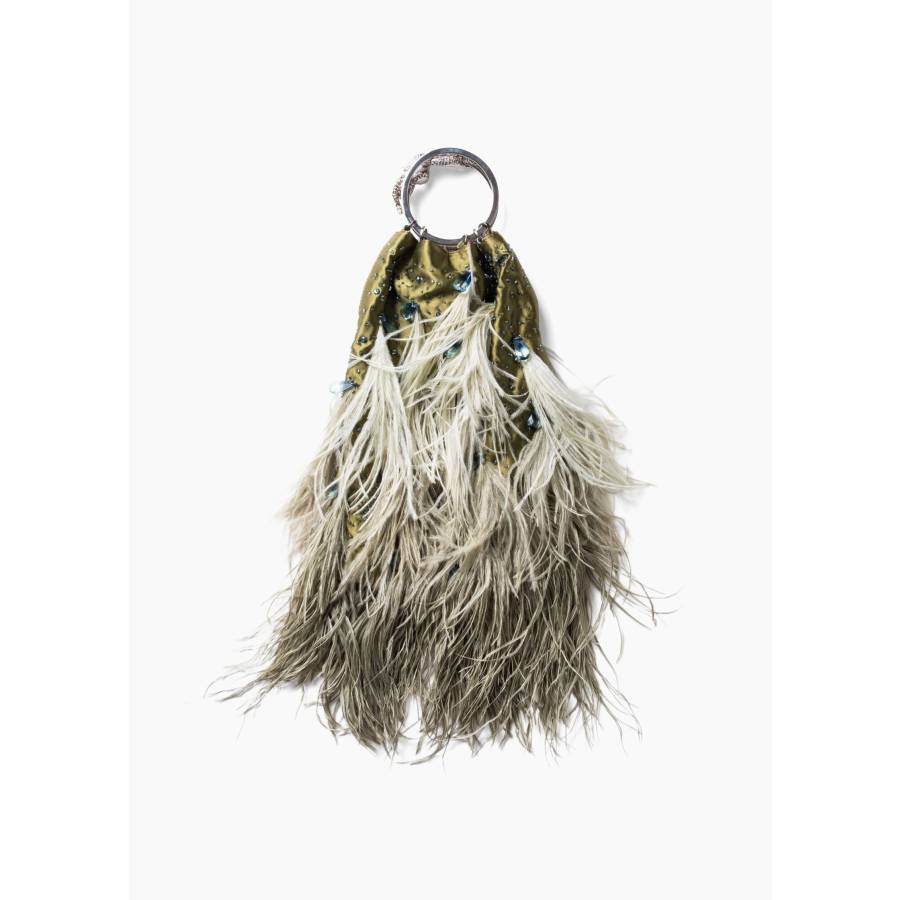 Sac bracelet vintage en Satin brodé de perles, de cristaux et de plumes véritables