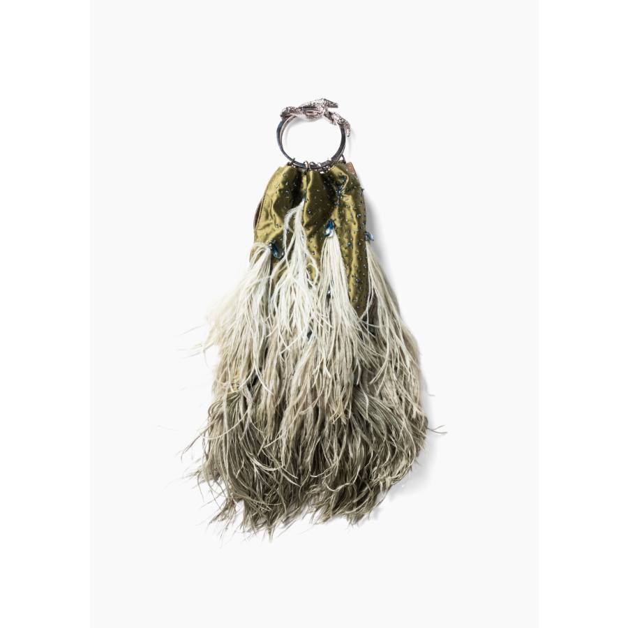 Sac bracelet vintage en Satin brodé de perles, de cristaux et de plumes véritables