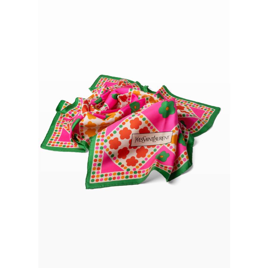 Carré vintage en soie à motif floral et géométrique aux couleurs vives