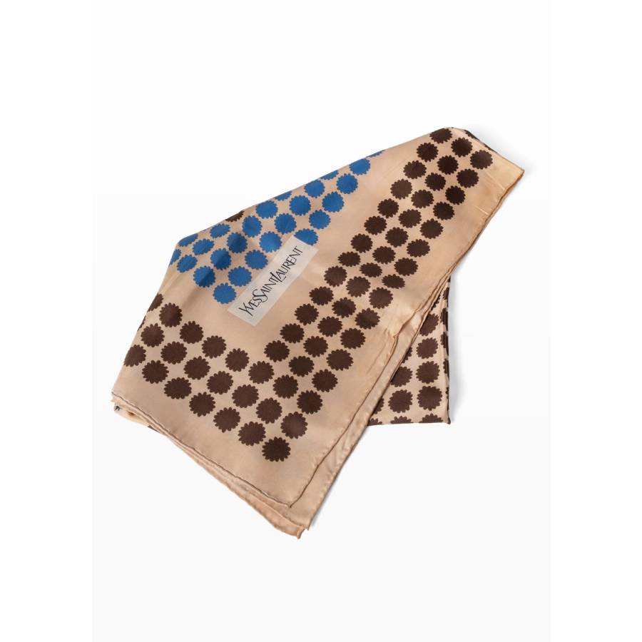 Foulard vintage en soie à motif marron et bleu