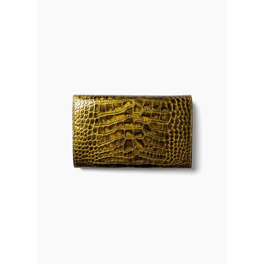 Vintage clutch in embossed crocodile leather, metallic yellow-green, with "D" clasp