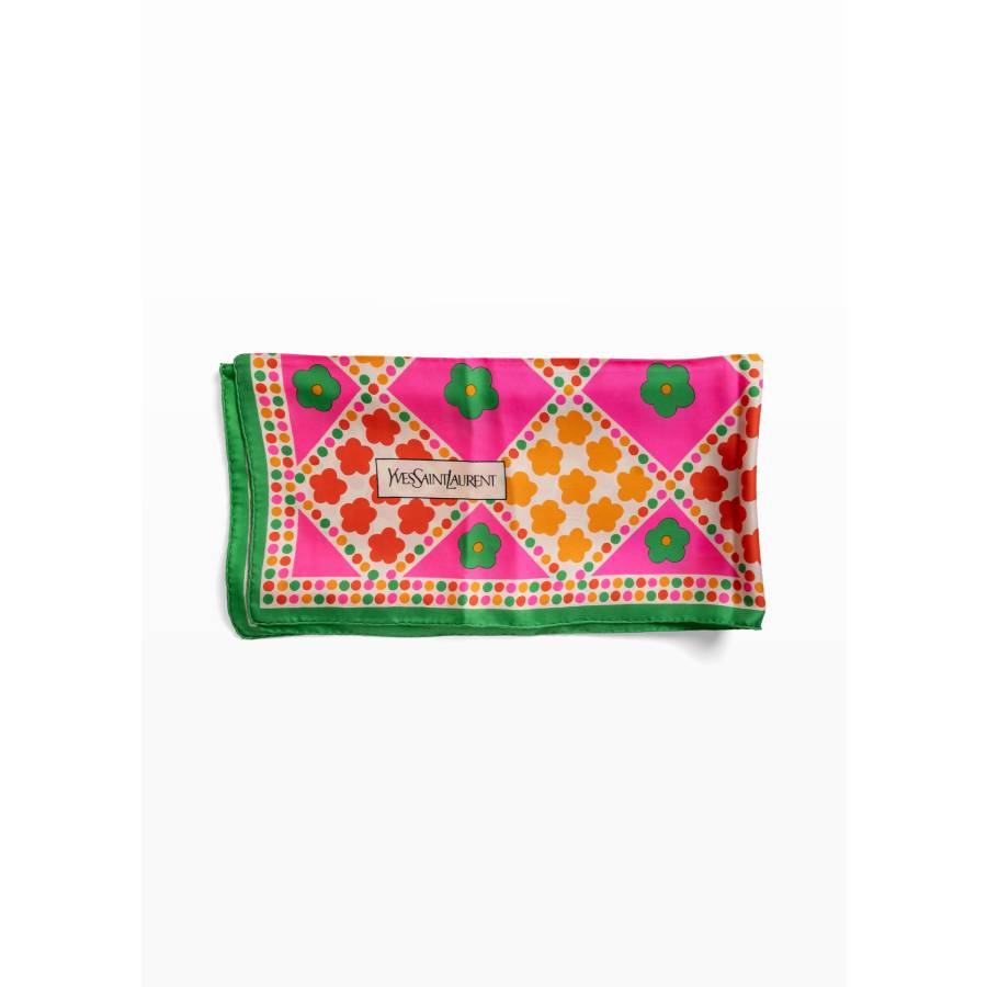 Carré vintage en soie à motif floral et géométrique aux couleurs vives